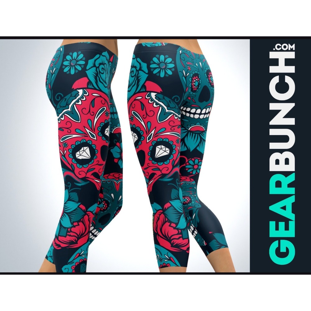 Gear Bunch Leggings Women's M Sugar Skull Teal Pink Black Tattoo Rock Pants Yoga